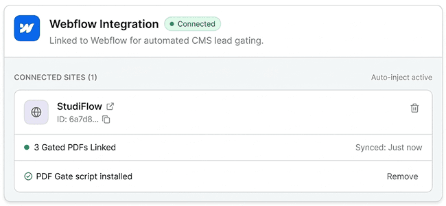 Webflow integration connected, with the PDF Gate script installed on a site