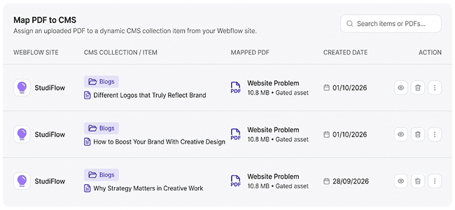 PDFs mapped to Webflow CMS collection items